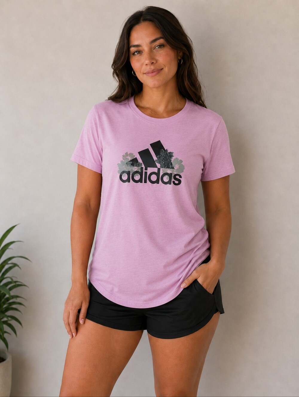 adidas Pink Tee with Floral Logo - Picture 1 of 5